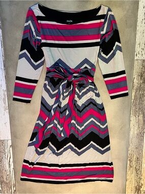 Olian Maternity Chevron Stripe Long Sleeve Belted Dress - Pink, Black & Gray